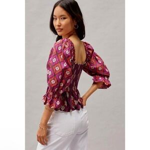 Anthropologie Conditions Apply Puff Sleeve Smocked Sweetheart Blouse Boho Size S